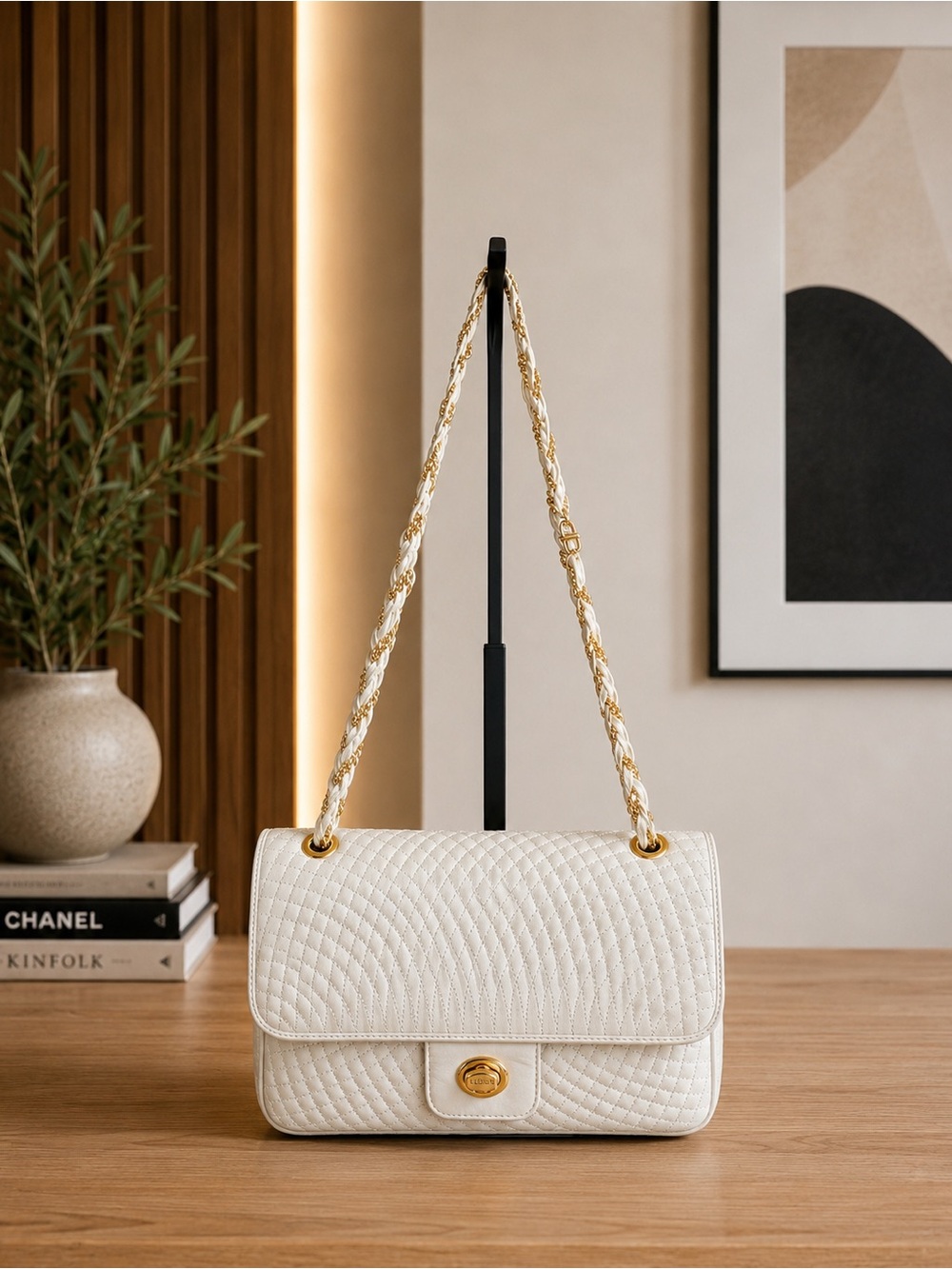 Bally Cream Quilted Shoulder/Crossbody Bag with Gold Chain